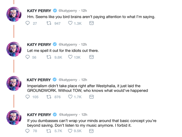 Illustration for article titled Whoa: Katy Perry Just Ripped Into The Treaty Of Westphalia For Setting The Stage For Eurocentric Imperialism In A Blistering Twitter Tirade